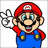 Pixelated character in red cap and blue overalls with yellow buttons, holding a white smoke-like shape, mouth open in a smile.