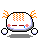 Pixelated character with white rounded body, orange checkered top, pink cheeks, red eyes, blue tear, orange antennae, and white feet on gray background.