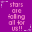 Purple background with repeated pink text 'stars are falling all for us!!' and white/pink star icons in corners.