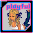 Pixel art of a blonde woman with blue bows holding dark green pants, text 'playful' in pink and blue letters above her.
