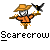 Pixelated scarecrow figure with orange hat and shirt, holding a black bird on a branch against gray background, with 'Scarecrow' text below.