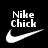 Black background with white pixelated text 'Nike Chick' above a large Nike swoosh logo, all rendered in low-resolution digital style.