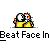 Pixelated animation of two yellow figures with white heads kissing, surrounded by red splatter effects, with text "Beat Face In" below.