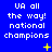 Blue background with white pixelated text reading 'UA all the way! national champions' and yellow star-like symbols in a pattern