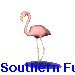 Animated pink flamingo standing on one leg with yellow beak and legs, positioned above blue water-like shadow on gray background.