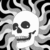 A grayscale animated skull with flowing hair-like shapes, transitioning from a bright white skull to a darker, more shadowed version against a black background.