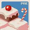 Pixel art of two cake slices with white frosting, pink layers, and a red cherry on top, next to a striped candy cane against a blue background.
