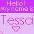 Pixelated text and heart symbols on a purple gradient background with 'Hello! My name is Tessa' repeated twice.