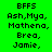 Green background with black pixelated text listing names under 'BFFS', each frame highlighting a different name in pink.
