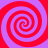 Four red and purple spiral patterns arranged in a on a solid background