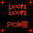 Animated orange text 'boom' and 'Pom' with red plus signs on black background, alternating between two states.