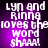 Pixelated text on a purple gradient background with white lettering, showing 'Lyn and Rinna loves the word shaaa!' in four identical
