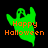 Green ghost-shaped figure with raised arms and a smiling face, orange 'Happy Halloween' text below, on black background.