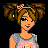 Pixel art contact sheet showing three frames of an animated buddy icon featuring a cartoon girl with brown hair, floral tank top, and white platform shoes, alongside text elements and a purple logo.