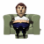 Pixelated static icon of a man sitting on a green couch with arms resting on armrests, wearing white shirt and dark pants, brown hair, neutral expression.