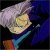 Pixelated static image of a figure with light-colored hair against a dark blue background, featuring a gradient of colors on the lower portion.