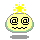 Pixelated yellow circular icon with green outline, black spiral eyes and mouth, yellow star on top; two variations show different eye/mouth shapes.