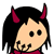 Pixelated character with black hair, red horns, and a red top against white background.