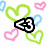 <3 surrounded by green, pink, and blue heart outlines on white background.