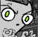 Pixelated cartoon face with large green eyes and gray/black shading on a light gray background, appearing as a static single-frame image.