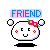 Pixelated cartoon head with pink flower crown, red cheeks, and blue 'FRIEND' text on pink background, showing two distinct facial expressions.
