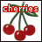 Pixelated cherry cluster with green stems and leaves, red fruit, white highlights; text 'cherries' in block letters above.
