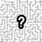 Two black question mark icons on a white maze background with a gray rectangle in the bottom right corner.