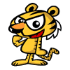 Yellow cartoon tiger with black stripes, orange nose, red mouth, white ear tufts, standing on gray background.
