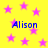 Yellow background with pink stars and blue text reading "Alison" in four locations.