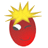 Red oval-shaped figure with spiky yellow hair, one eye open and one eye closed in a wink, smiling face on gray background.