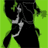 Animated figure with long dark hair and white earbuds against bright green background, performing sequential movements.