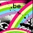 .be and different text on rainbow striped background with black-and-white cartoon eyes, animated transition between states.