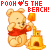 Pixel art contact sheet of Winnie the Pooh character building sandcastles with text "POOH ❤️S THE BEACH!" in red and yellow lettering across multiple frames.