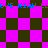 Pixelated checkerboard pattern with shifting purple and dark green squares and repeated blue text fragments.