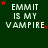 Green background with repeated white text 'EMMIT IS MY VAMPIRE' and scattered red and brown stars, with a gray rectangle in the bottom-right corner.