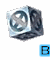 A rotating cube-shaped icon with a circular symbol on one face, displayed across showing progressive rotation and text fragments below