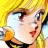 Pixelated close-up of a cartoon character's face with yellow hair, blue eyes, and red lips against a bright background.