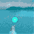 Pixelated animation of a dolphin leaping from blue water with a cyan circular object, set against a gray sky and distant landmasses.