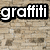 Pixelated text "graffiti" in white with black outline on textured stone background, repeated across multiple