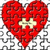 Red heart-shaped puzzle with beige interlocking pieces at center, set against white background of black-outlined jigsaw pattern.