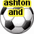 Six soccer ball icons arranged in a with overlaid text labels: 'ashton' (yellow), 'murphy' (green), 'and' (yellow), 'love' (blue), and 'soccer' (pink)
