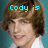 A four- shows a person with brown hair and a white shirt against a teal background, with cyan text overlays reading "Cody is dreamy, ho" and "adorable"