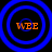 Four identical blue concentric circles with orange text 'WEE' at center on black background.