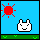 Pixelated bunny head with closed eyes and smile on blue background, red sun in upper left corner, green grass strip at bottom.