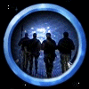 circular portraits with blue borders on black background, each showing a person in various attire and settings