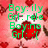 Pixelated image with green text over a pink background featuring red heart shapes and brown branches.