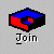 Pixelated isometric cube with blue top, red front, black sides, and a small red-blue swirl; below it, white text reads 'Join' on gray background.