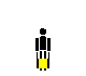 A pixelated figure with yellow pants holds a red flag in a sequence of animated poses against a gray background.