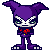 A 4x4 contact sheet of a pixel art character with purple skin, green eyes, and white facial markings holding red flowers in various poses across 13 frames.