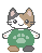 Pixelated cat avatar in green shirt with paw print, showing six distinct poses across three on gray background